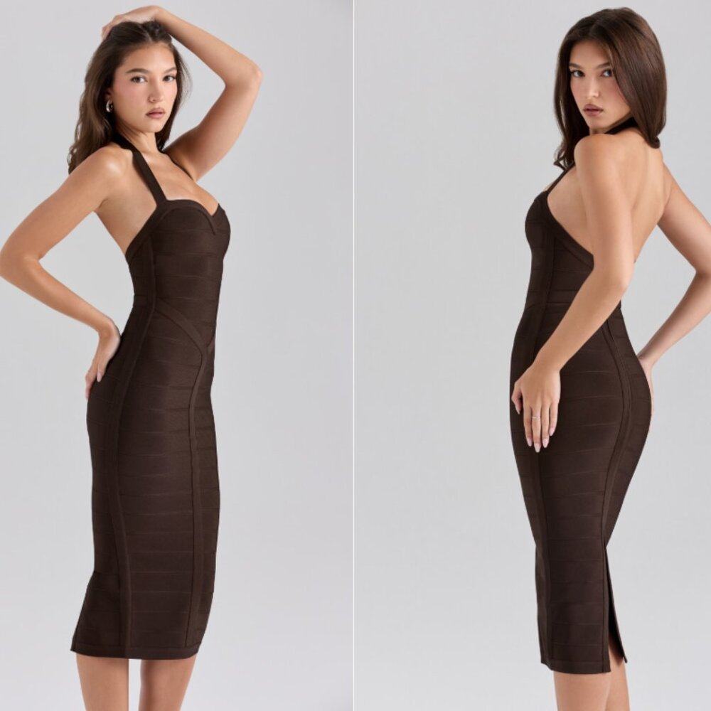 House of CB 'The Supermodel' chocolate halter midi bandage dress NWT - Picture 2 of 9